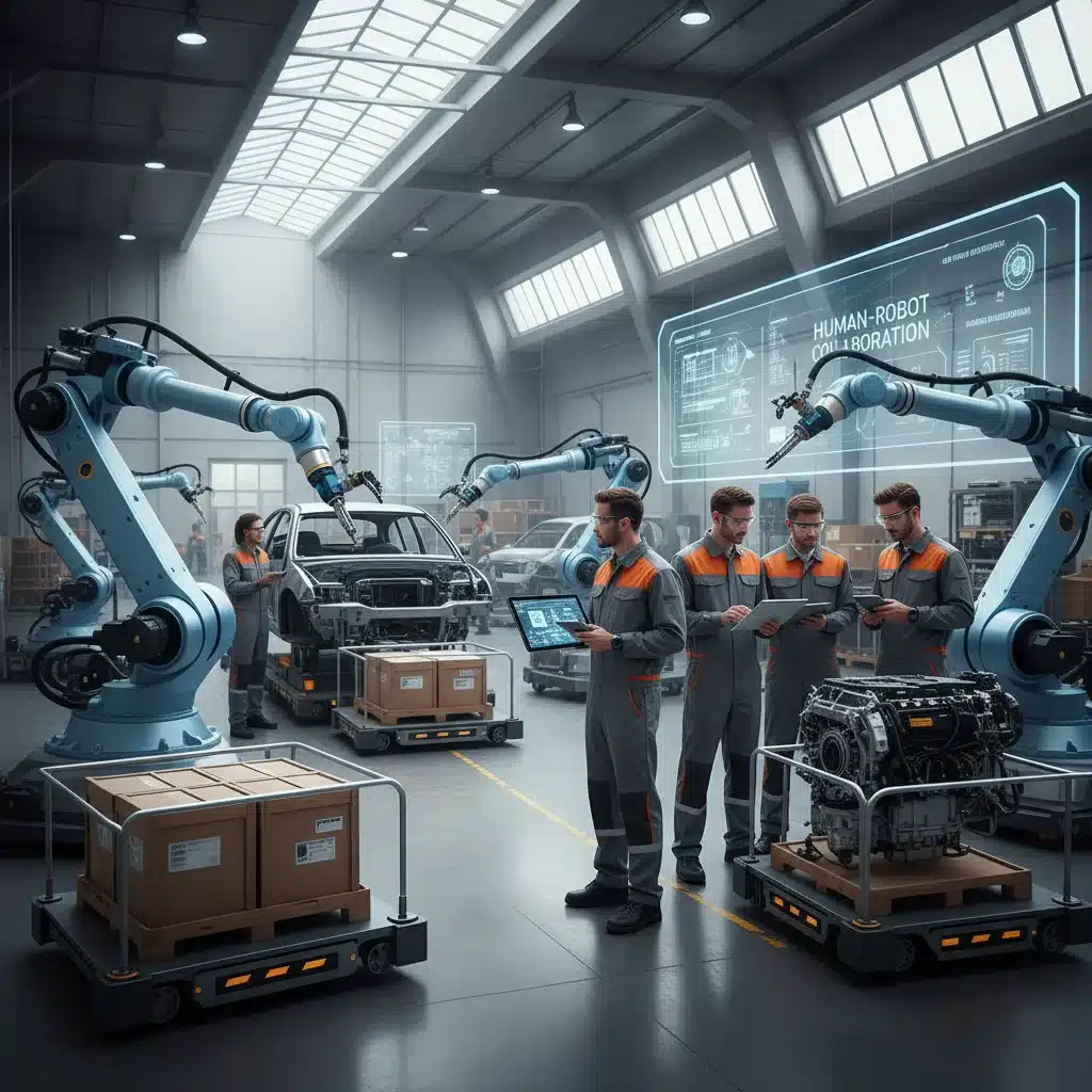 Robots and humans collaborating in an advanced manufacturing facility, symbolizing automation's role in productivity.