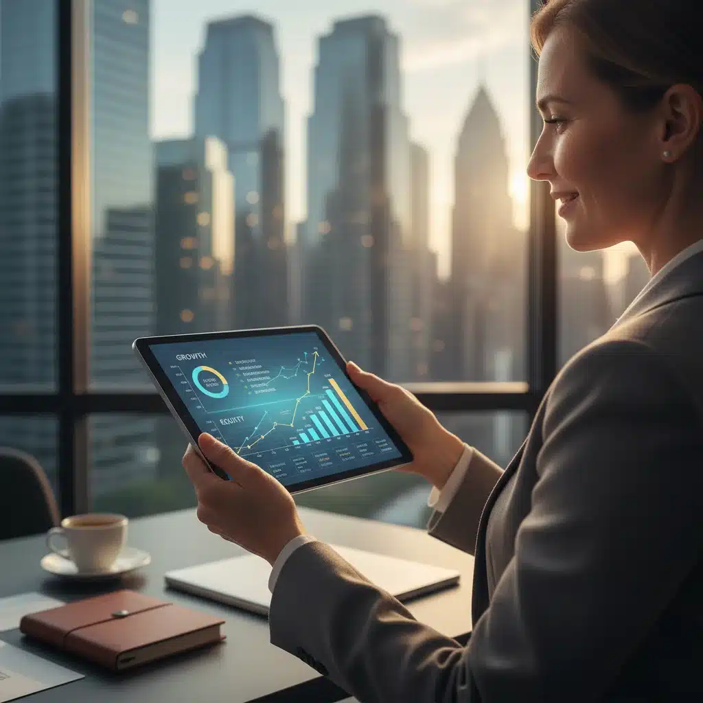Investor analyzing investment portfolio growth charts on a tablet, demonstrating strategic financial planning.
