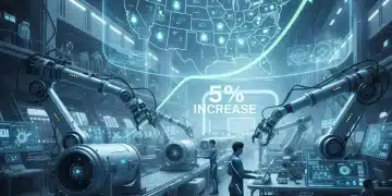Advanced manufacturing plant with robots and workers, symbolizing reshoring and domestic production growth in 2026.