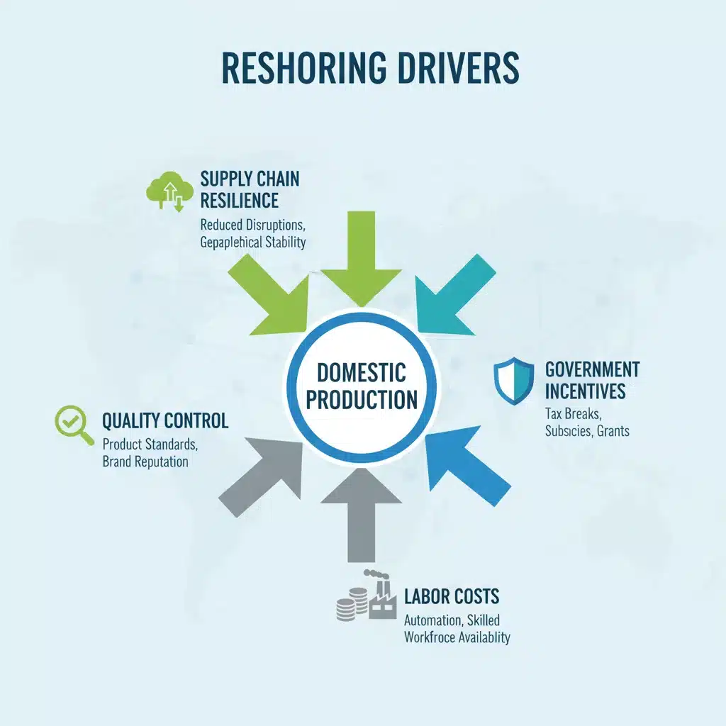 Infographic detailing drivers of manufacturing reshoring, including supply chain resilience and government incentives.