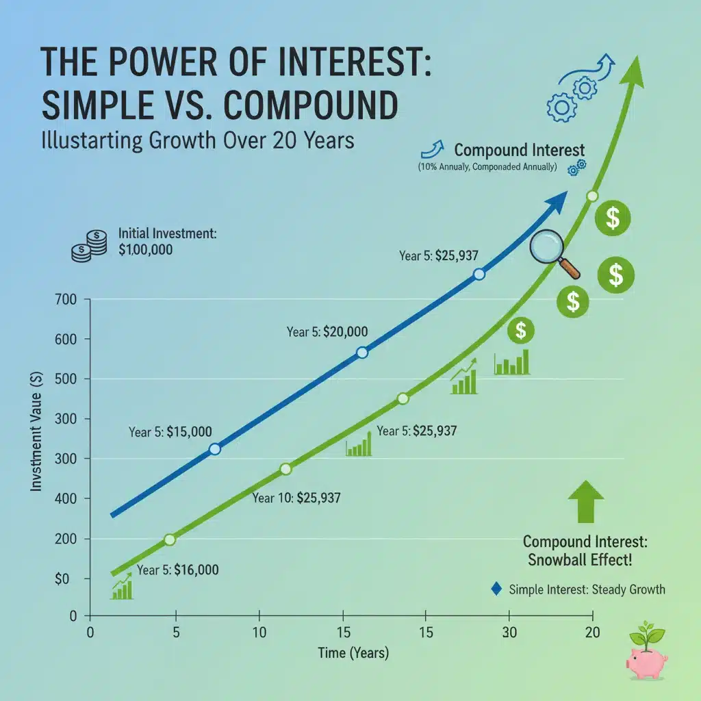Infographic showing exponential growth of compound interest versus linear simple interest.