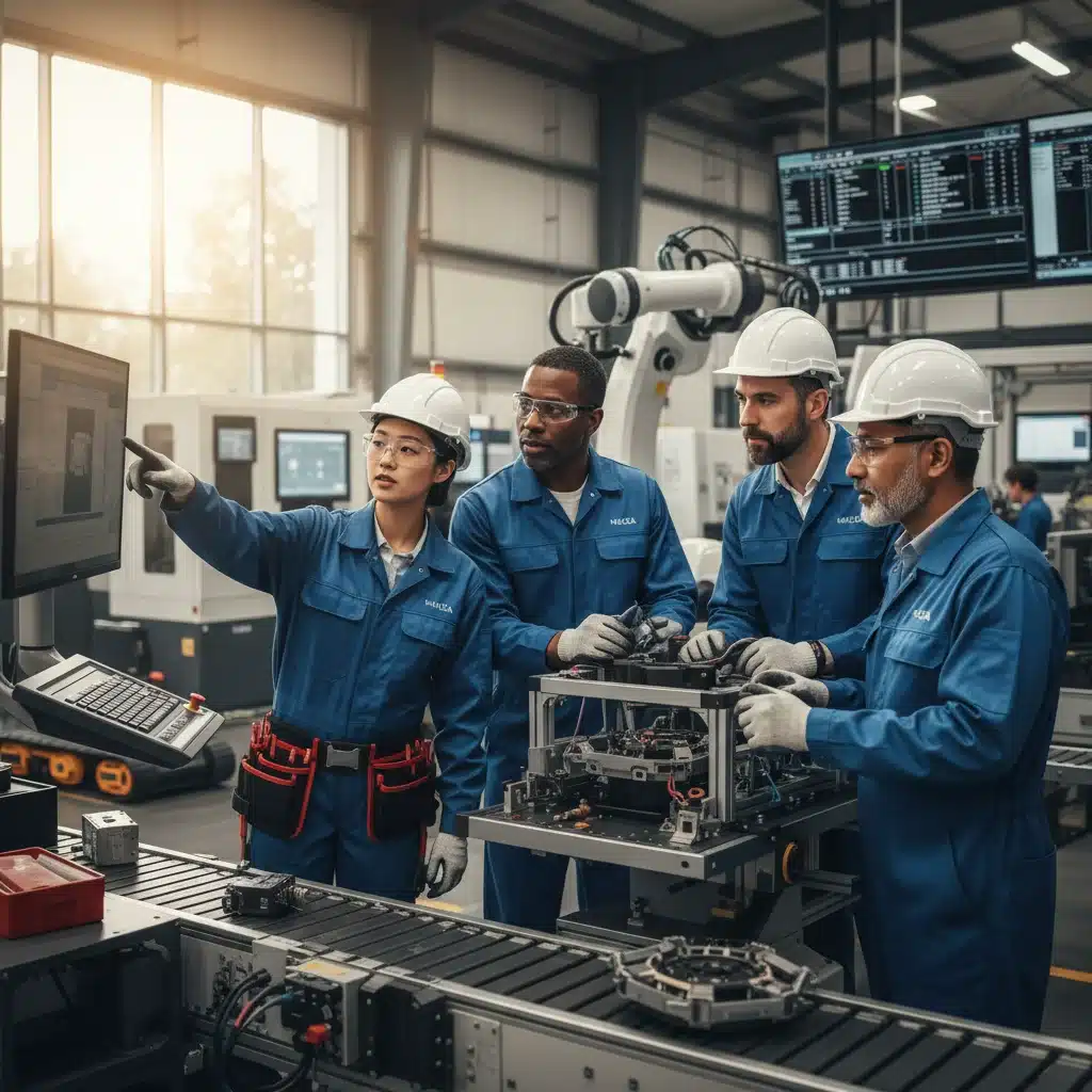 Skilled manufacturing workforce on an assembly line, representing workforce development in domestic production.