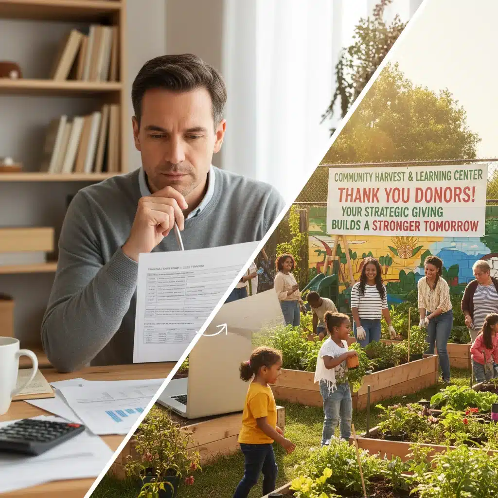 Person reviewing financial documents and a community project benefiting from donations, illustrating the impact of strategic charitable giving.