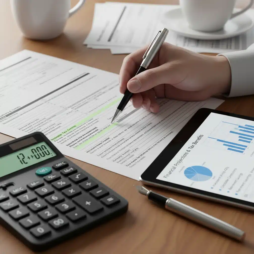 Hands analyzing complex tax documents with financial tools, illustrating strategic tax planning for businesses.