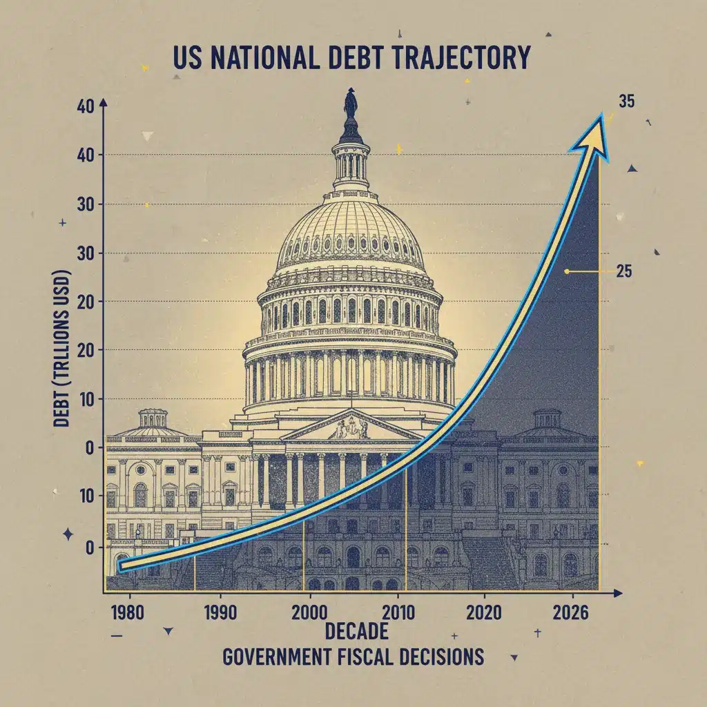Graph illustrating the historical and projected trajectory of US national debt.