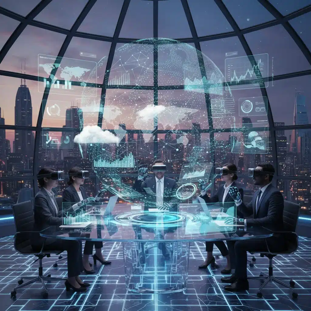 Professionals in a virtual reality meeting, demonstrating remote collaboration and digital transformation in the workplace.