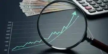 Financial graph showing rising interest rates in 2026 with a magnifying glass.