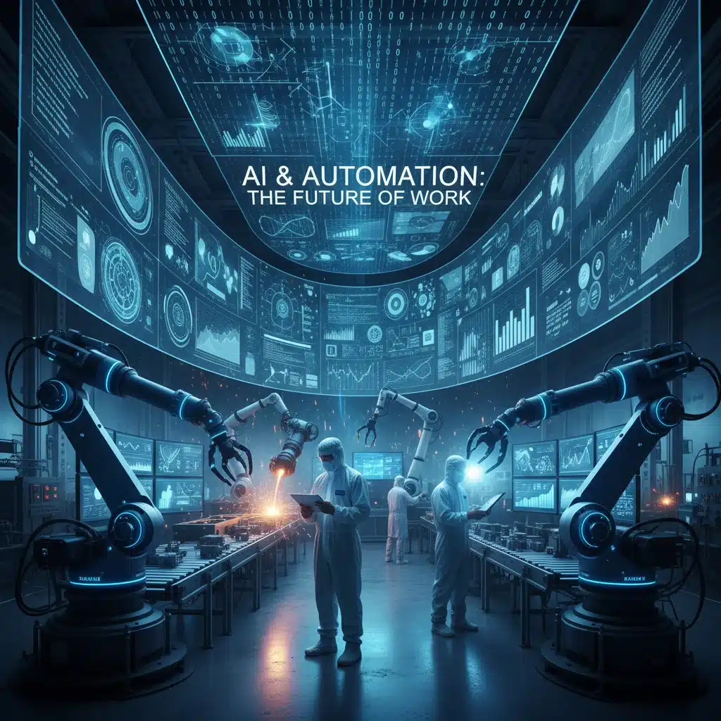 Artificial intelligence and automation in the workplace, showing human-robot collaboration.