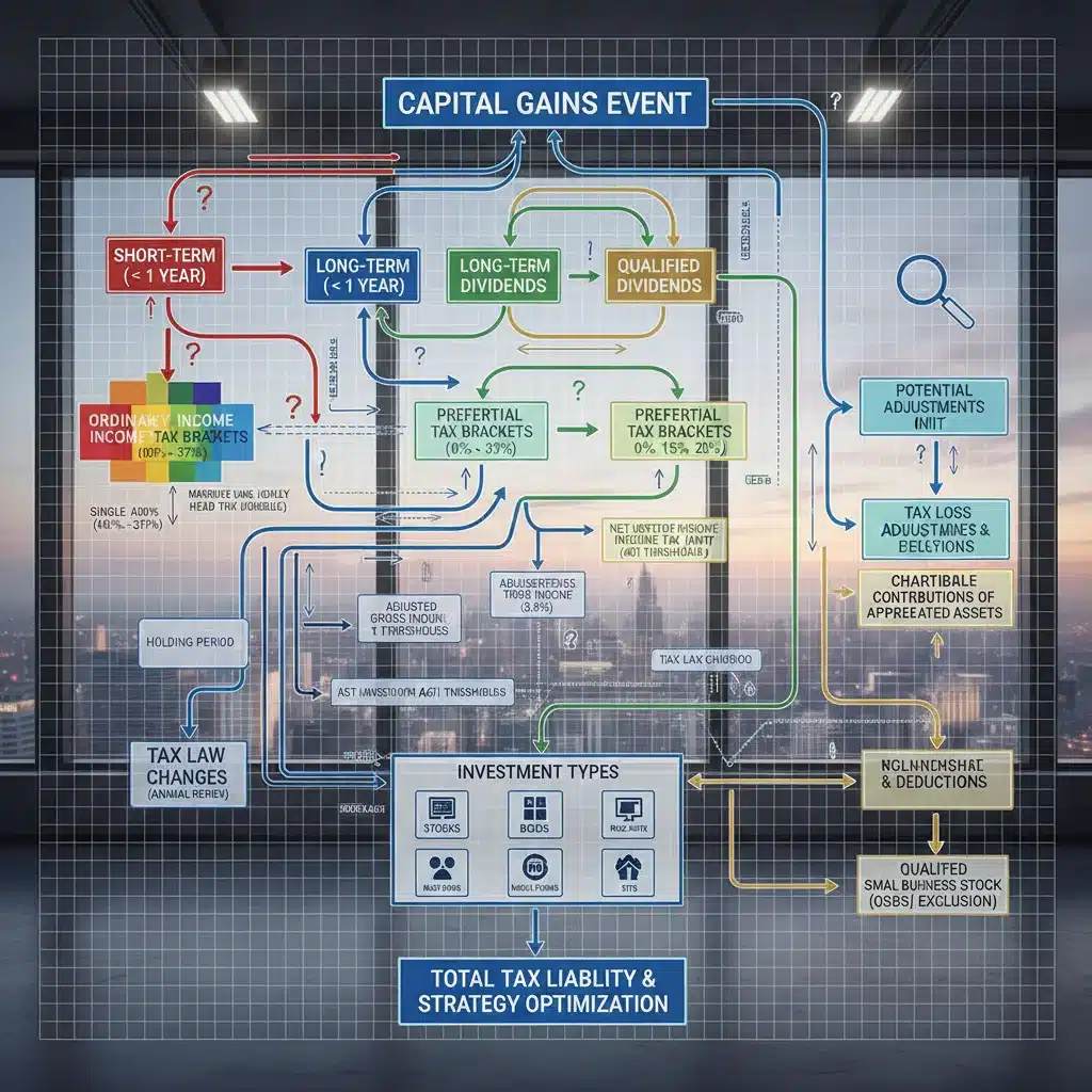 Complex financial flowchart illustrating capital gains tax implications.