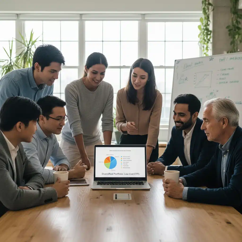 Diverse group collaborating on diversified investment strategies with low-cost ETFs