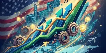 Illustration of economic growth with rising charts, global connections, and technology symbols.