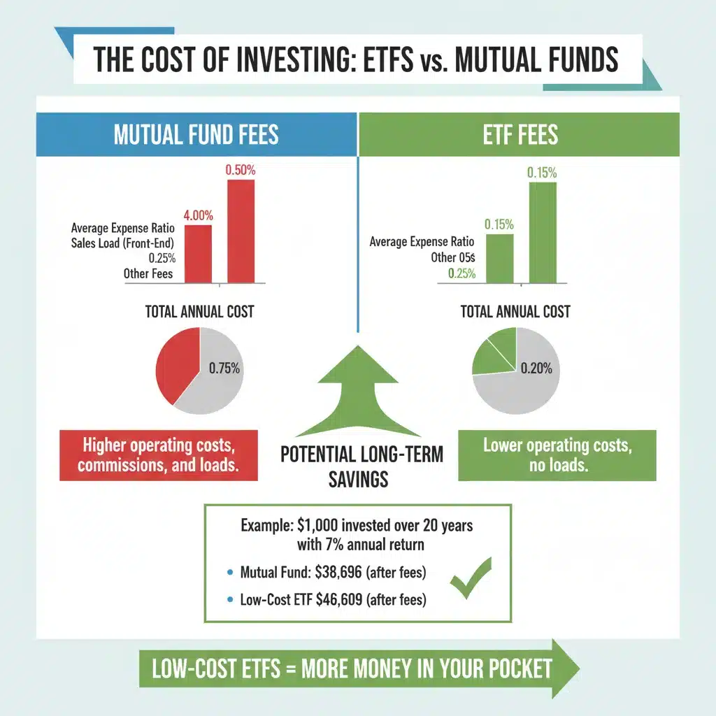 Infographic comparing ETF and mutual fund expense ratios and cost savings
