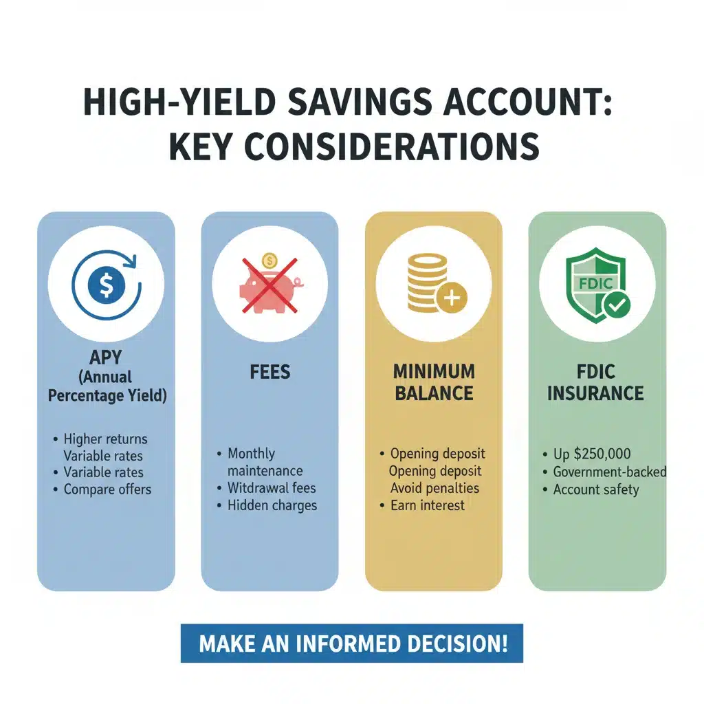 Infographic showing key factors for choosing a high-yield savings account: APY, fees, minimum balance, and FDIC insurance.