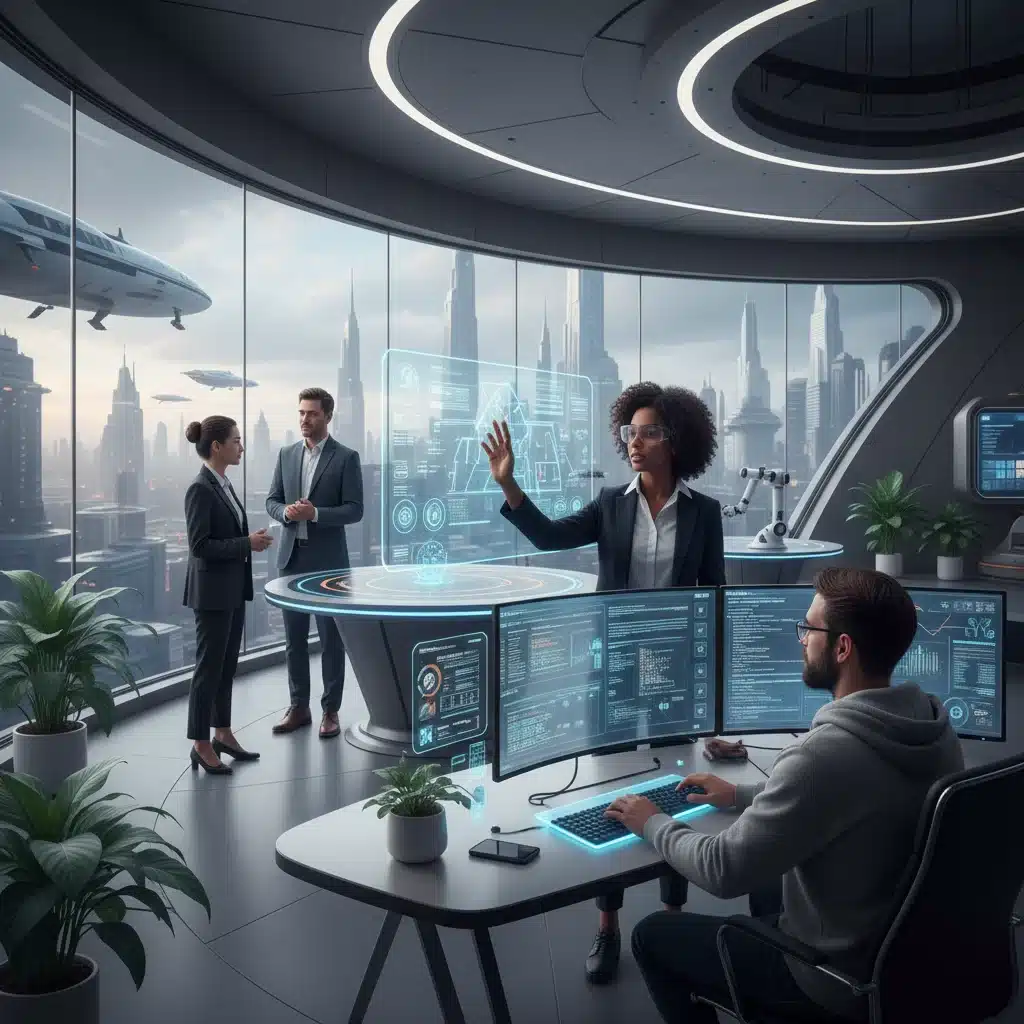 Professionals collaborating in a tech-driven office, representing future workforce skills.