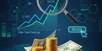 Stack of coins and banknotes with a magnifying glass over a rising interest rate chart, representing high-yield savings growth.
