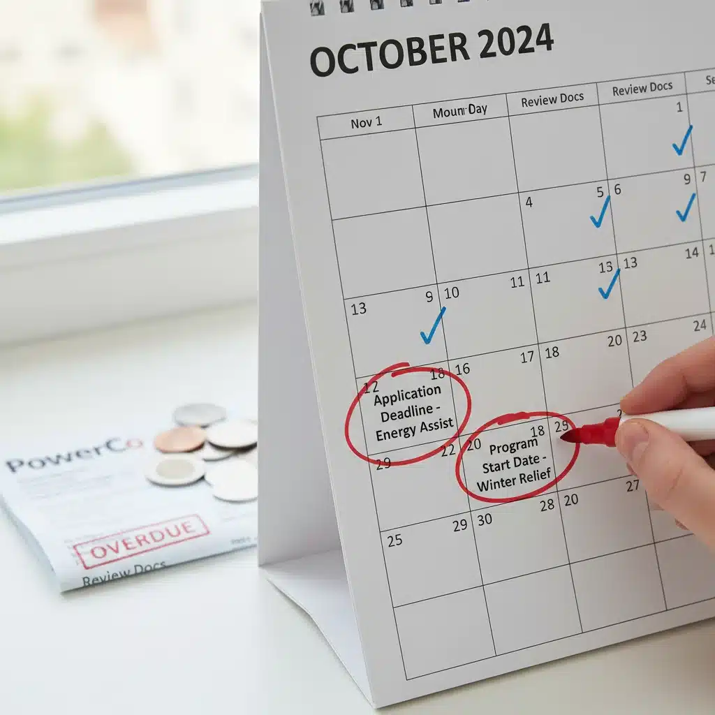 Calendar marking important LIHEAP application deadlines and program dates