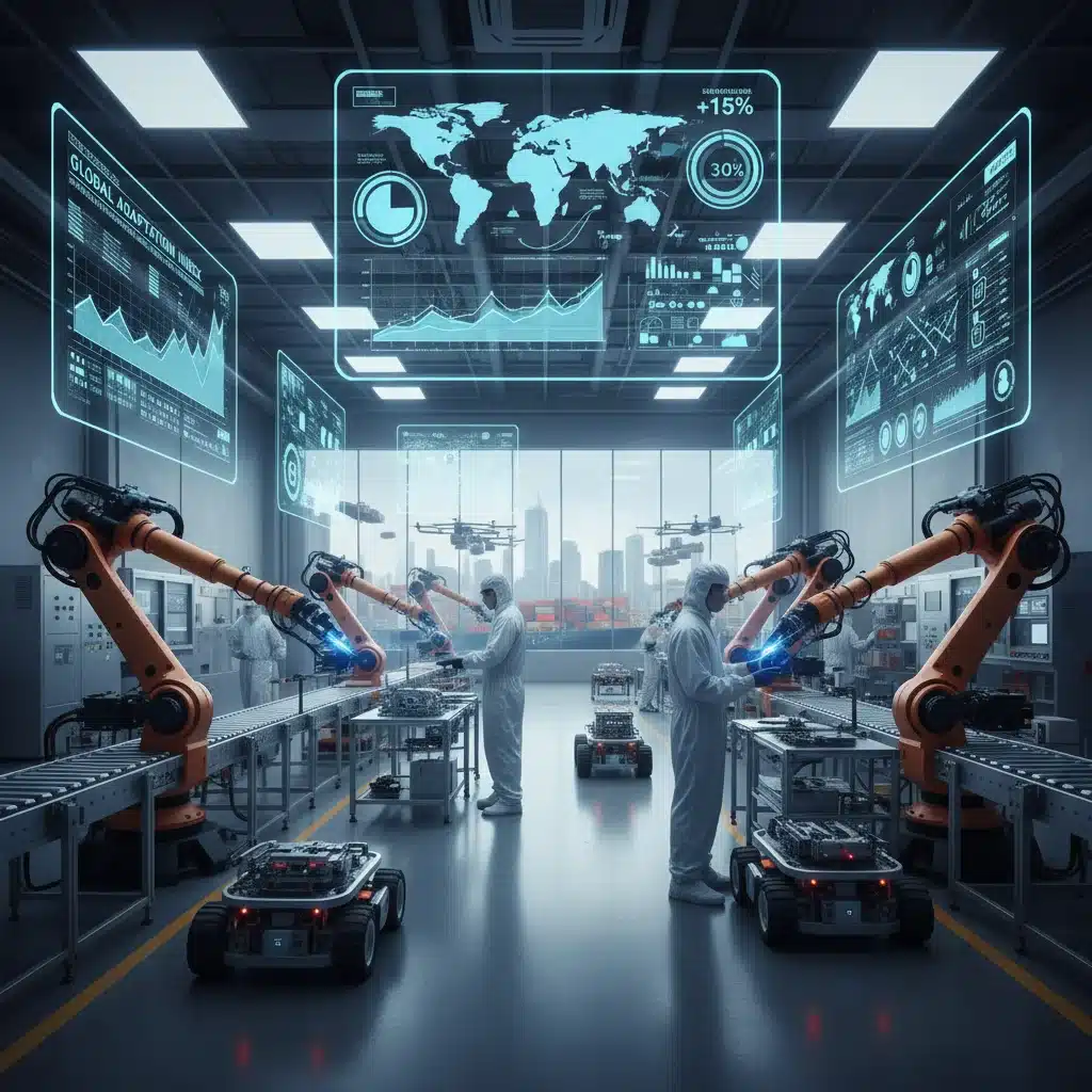 Modern manufacturing plant adapting to new trade regulations.