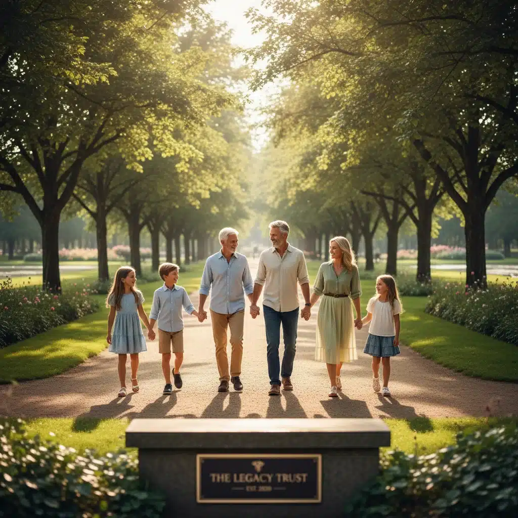 Happy multi-generational family enjoying a walk, symbolizing secure legacy