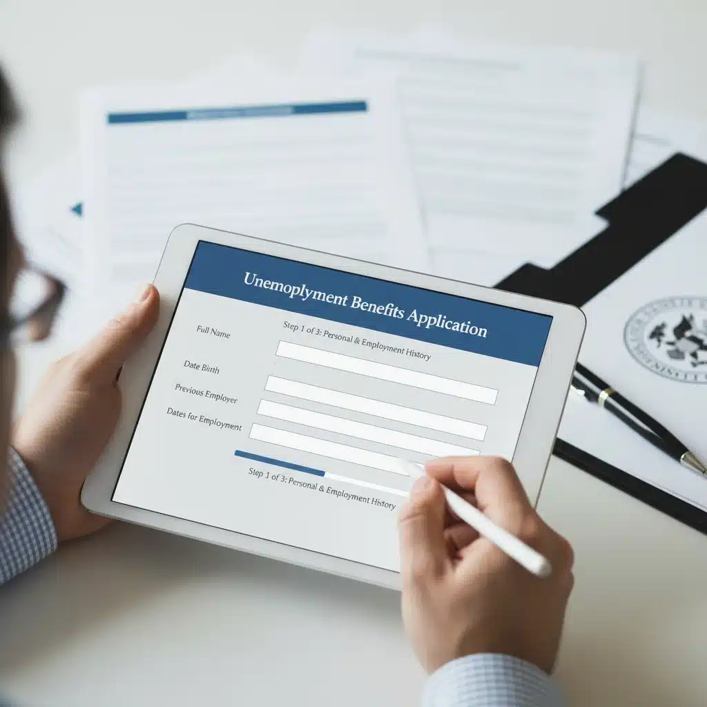 Hands completing an online application for unemployment benefits