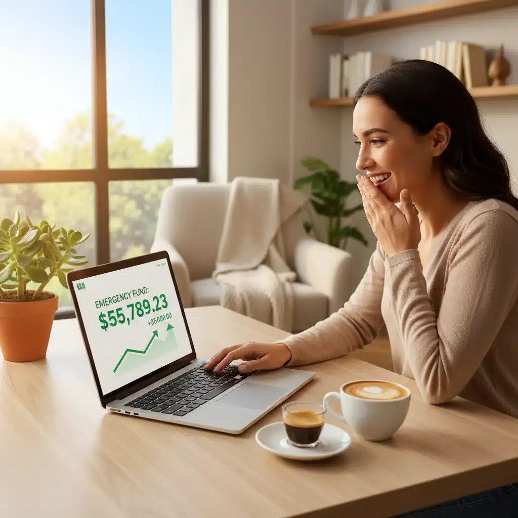 Person reviewing increased emergency fund balance on laptop