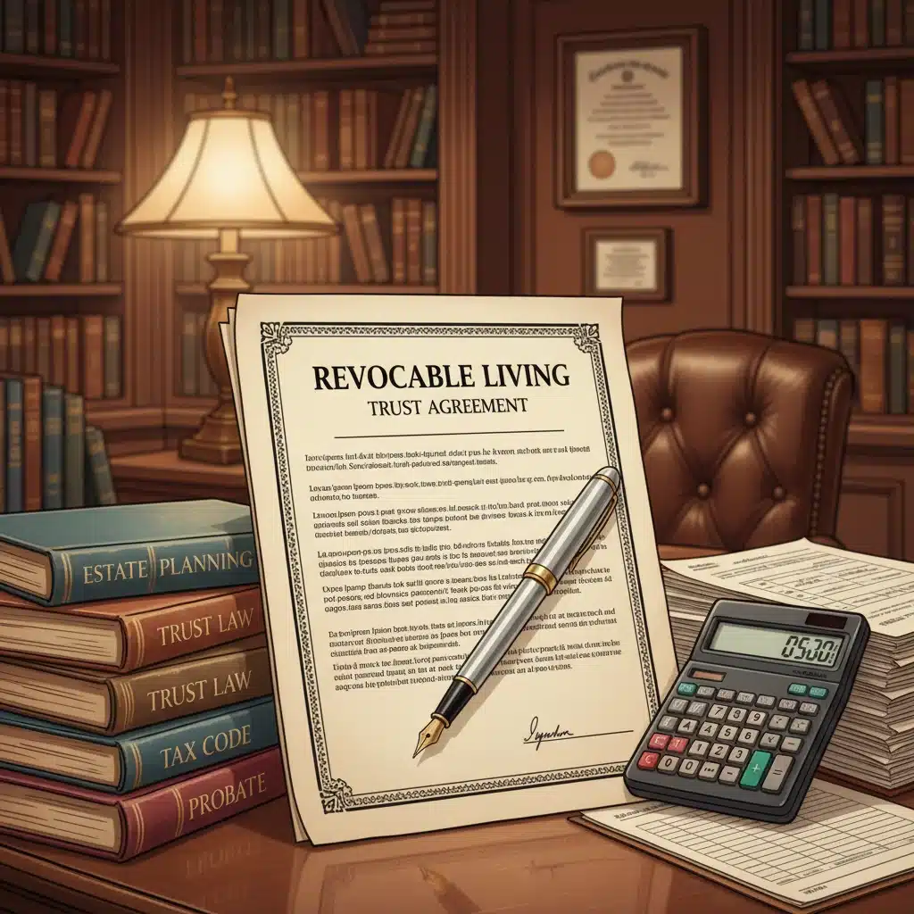 Revocable living trust document with pen and legal books
