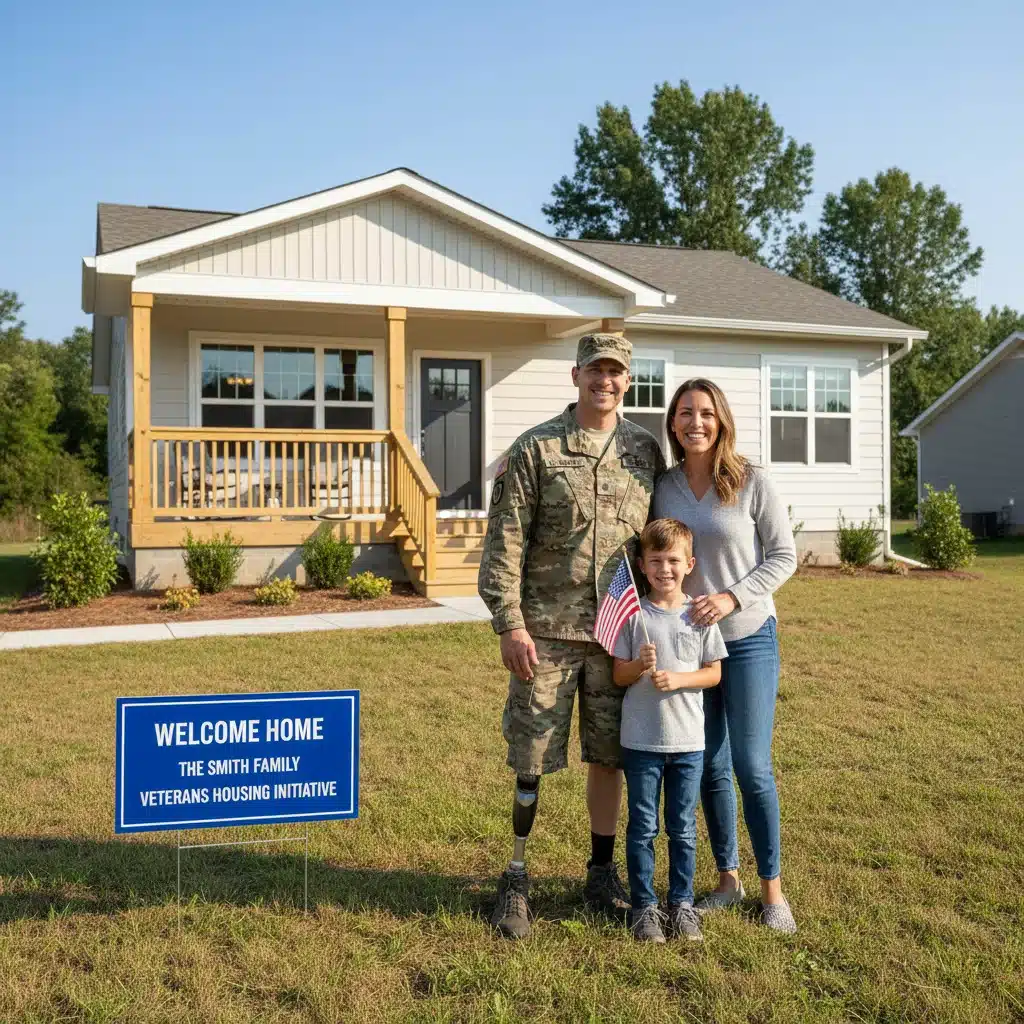 Veteran's family in front of their new home, highlighting housing assistance benefits