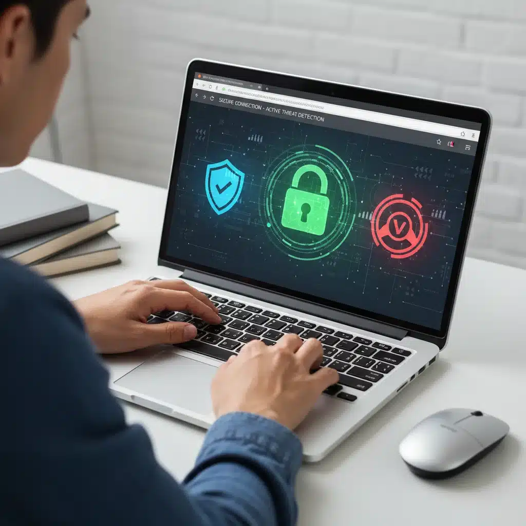 Persona actualizando software y navegando de forma segura en un portátil