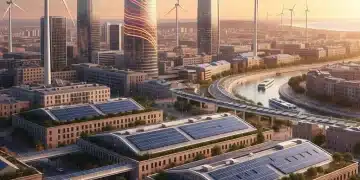 Skyline de ciudad española con energías renovables simbolizando el avance de la Agenda 2030.