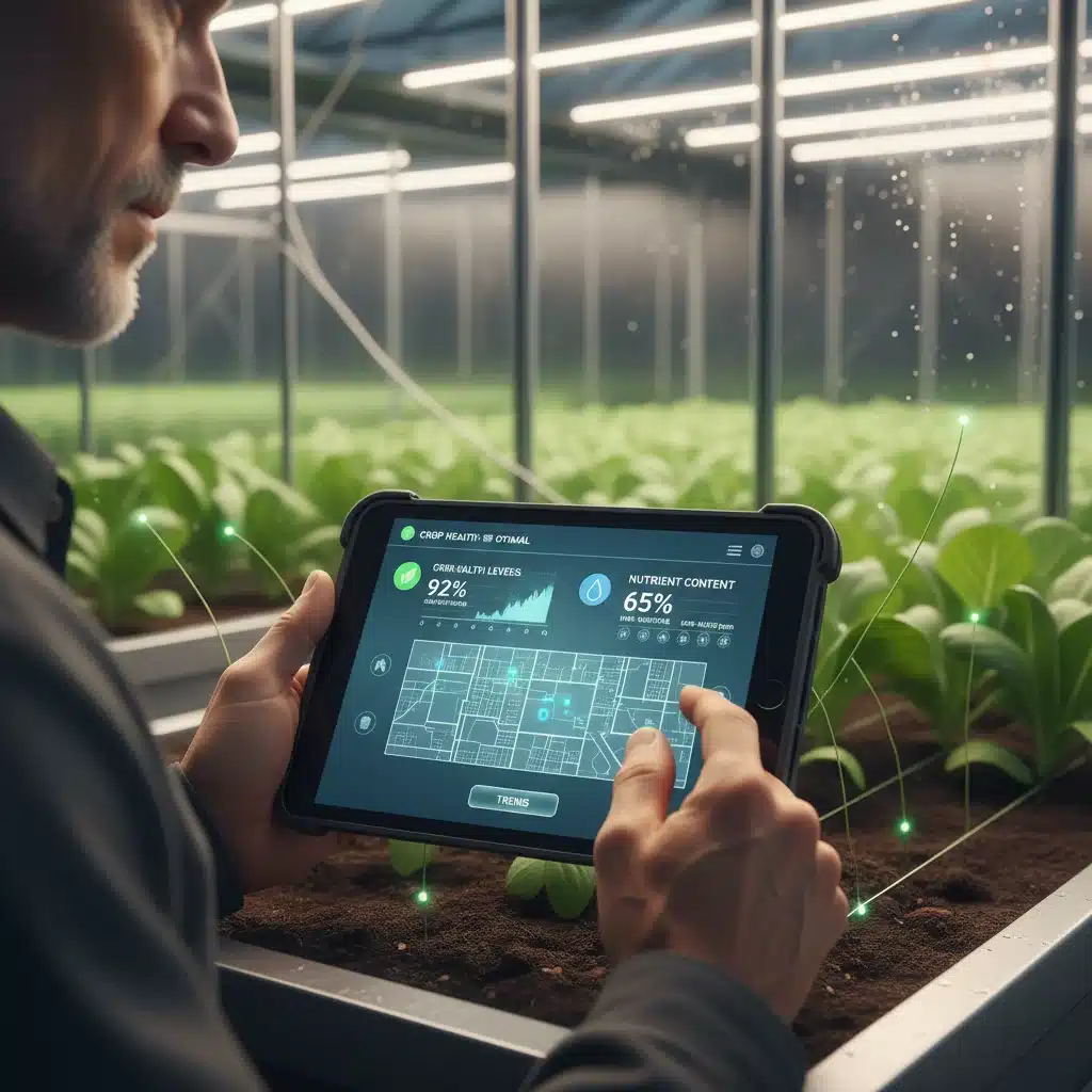 Agricultor consultando datos de sensores agrícolas en una tablet, demostrando agricultura de precisión y monitorización avanzada.
