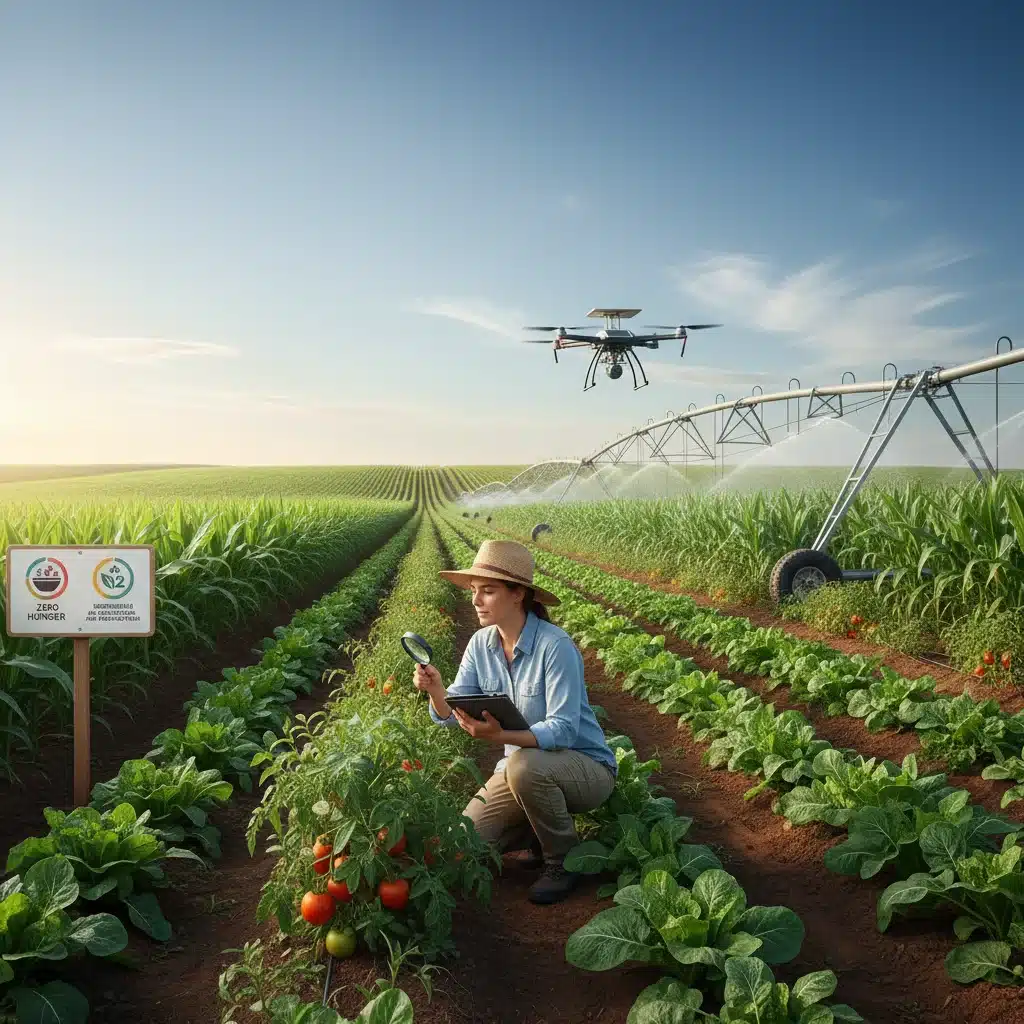 Campo agrícola sostenible con sistemas de riego avanzados y un investigador examinando cultivos.
