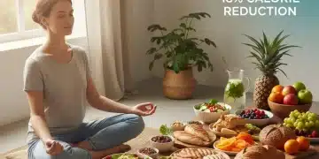 Alimentación Consciente: Reduce 18% Calorías No Deseadas en 3 Meses Persona practicando alimentación consciente con comida saludable y fresca en un ambiente sereno.