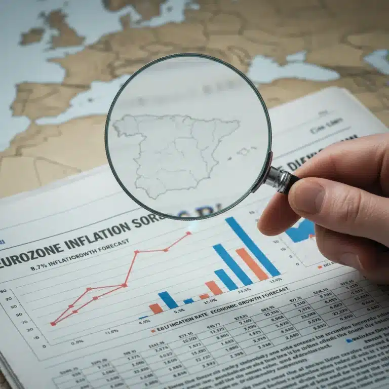 Hombre analizando datos económicos de España con lupa y gráficos de inflación.