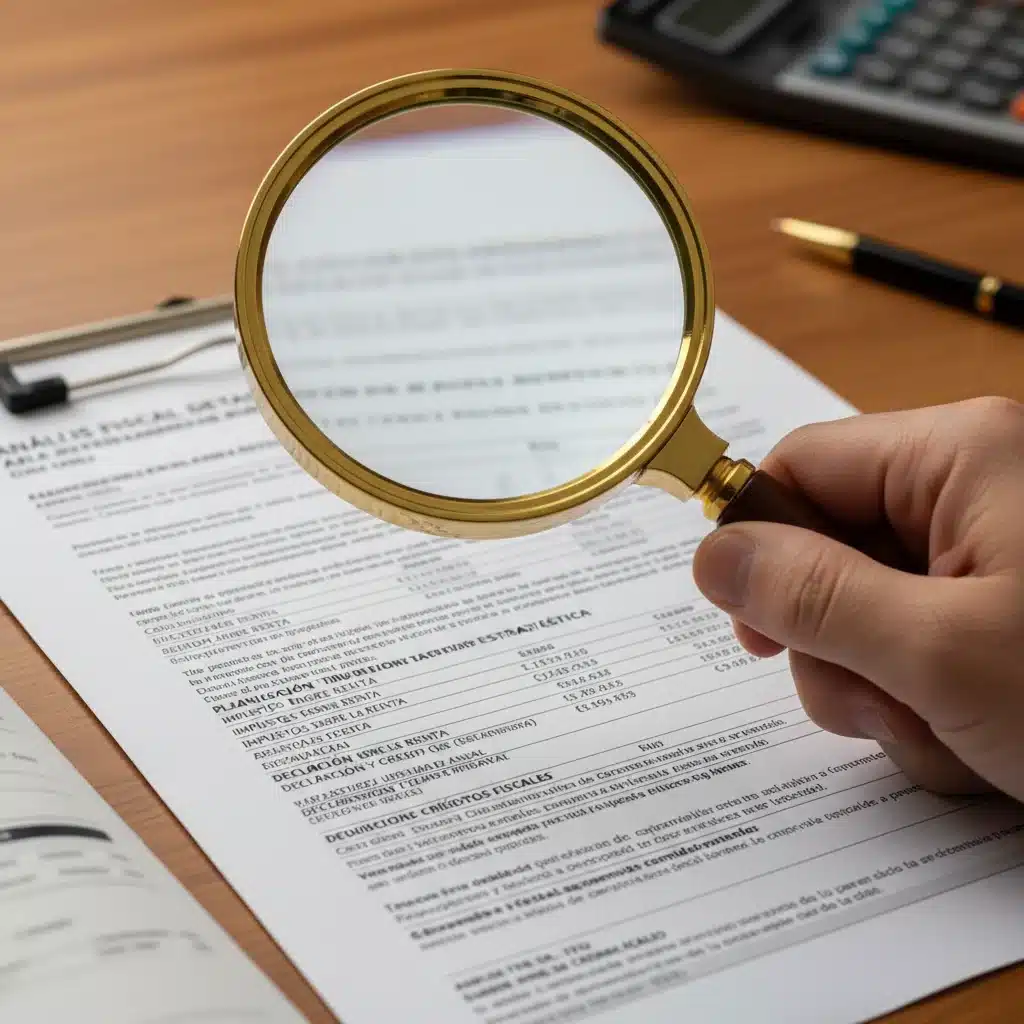 Mano con lupa examinando detalladamente documentos fiscales españoles para optimización de deducciones.