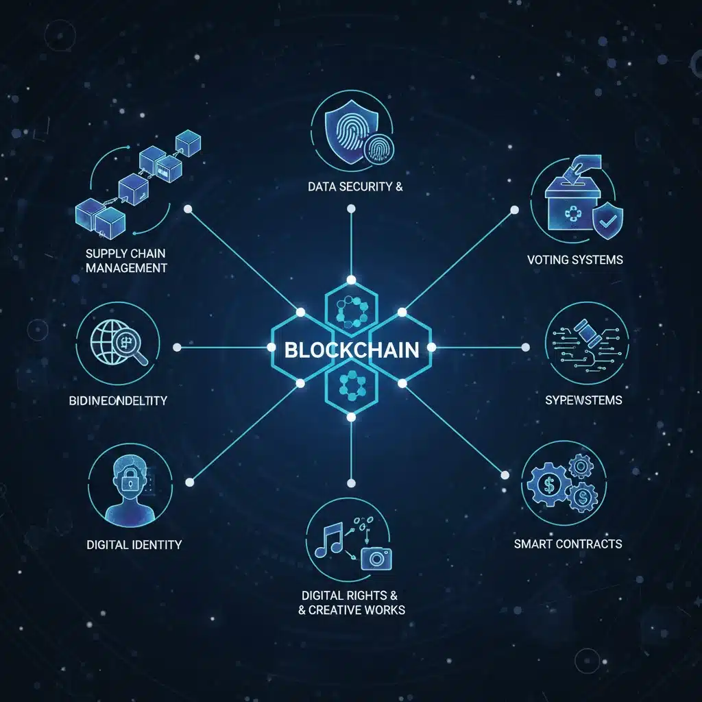 Diversas aplicaciones de la tecnología blockchain más allá de las criptomonedas.