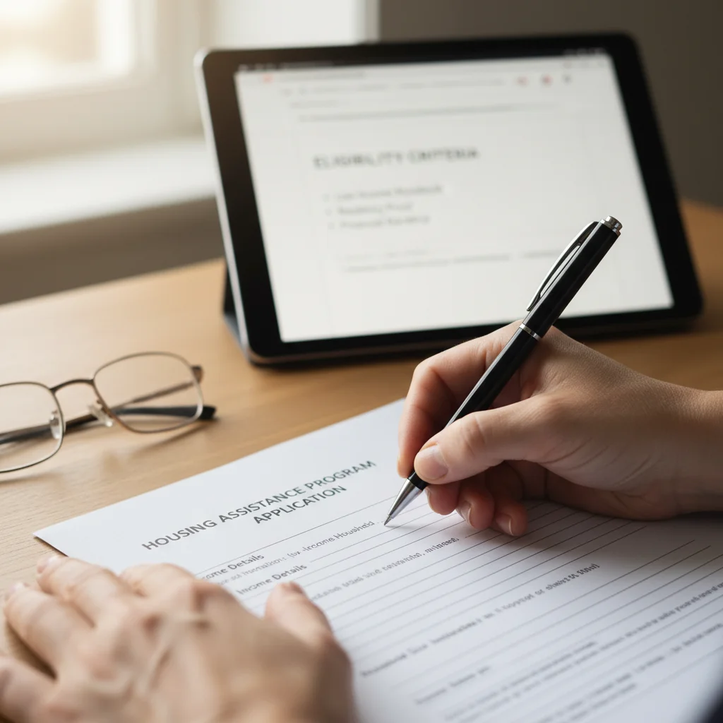 Person filling out housing assistance application form, detailed process