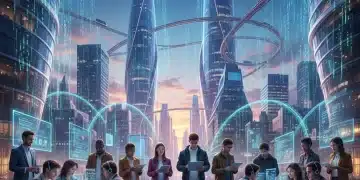 Jóvenes aprendiendo a programar en un entorno tecnológico futurista en España 2026.