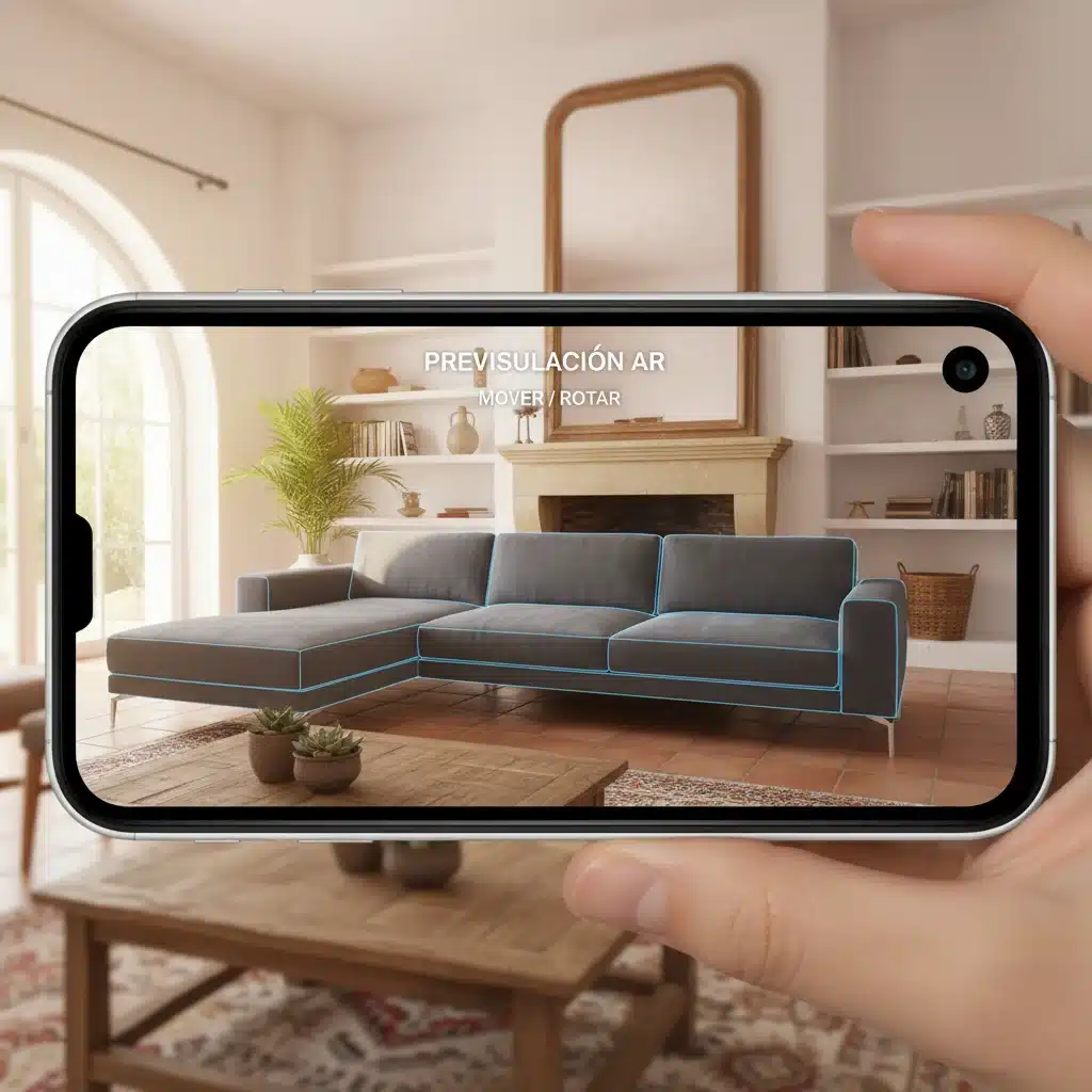 Aplicación de realidad aumentada en móvil mostrando muebles virtuales en un salón real para decoración.