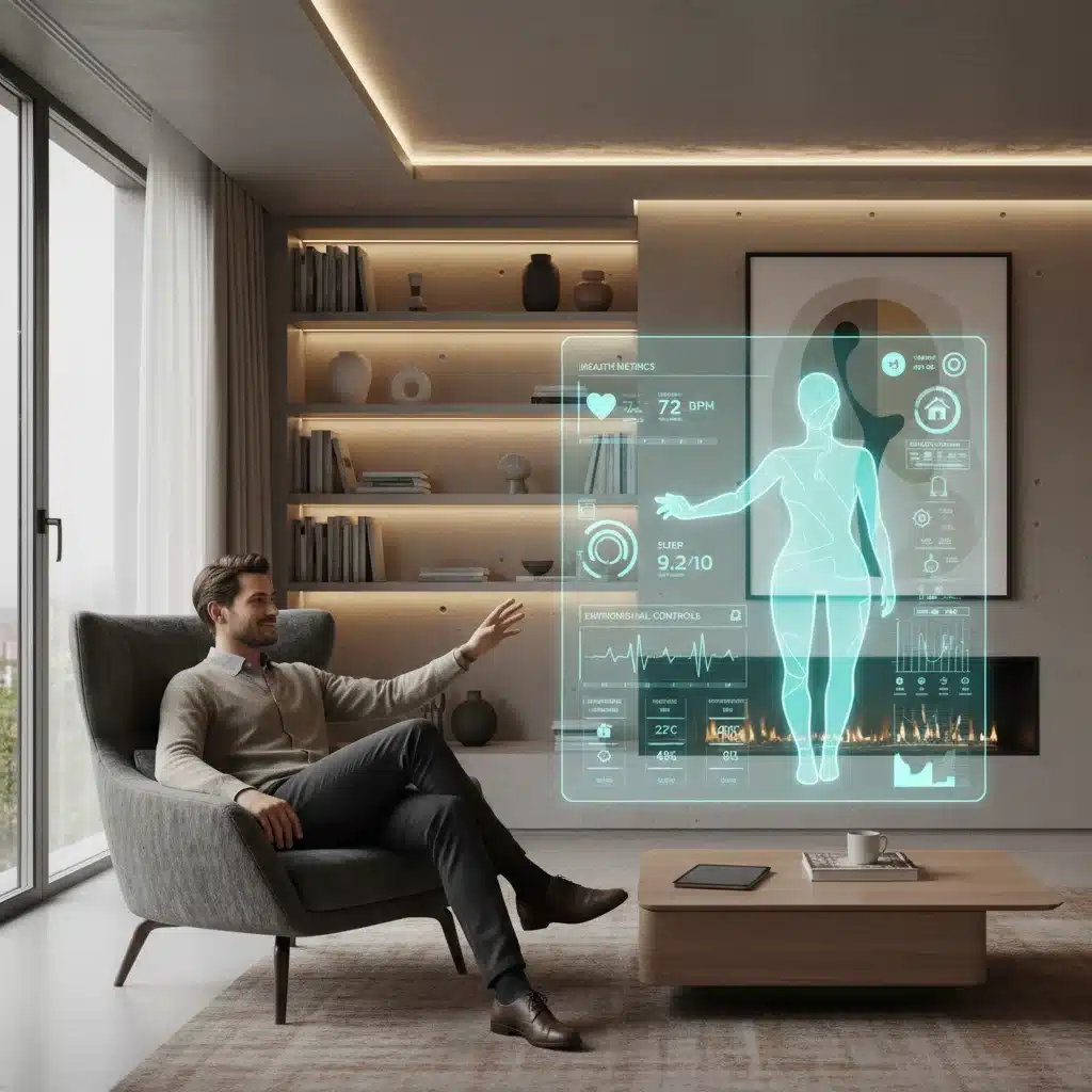Asistente holográfico de IA personalizando el entorno del hogar