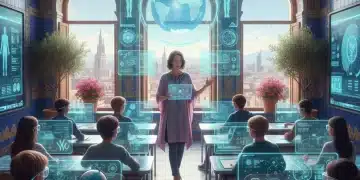 Tendencias Educativas España 2026: Digitalización y Futuro Pedagógico Estudiantes y profesor interactuando con tecnología avanzada en un aula futurista española