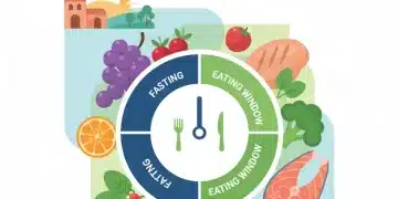 Reloj con alimentos saludables que simbolizan los beneficios del ayuno intermitente para la salud en España.