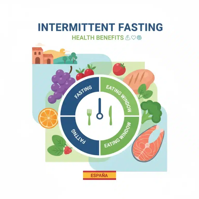 Reloj con alimentos saludables que simbolizan los beneficios del ayuno intermitente para la salud en España.
