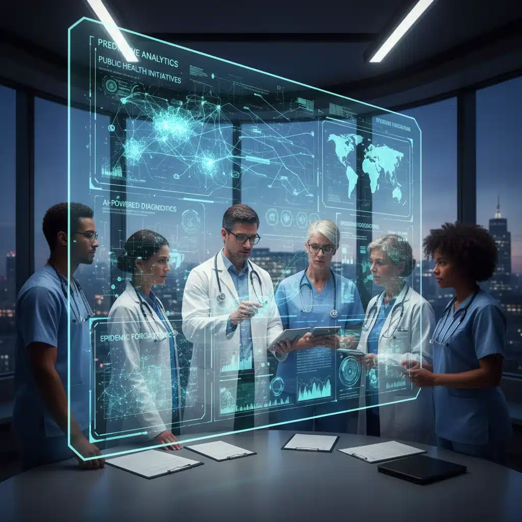 Equipo médico analizando datos en una pantalla grande, representando el uso de big data e IA en sanidad.
