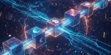Representación visual de la tecnología blockchain con bloques interconectados y flujo de datos digital.