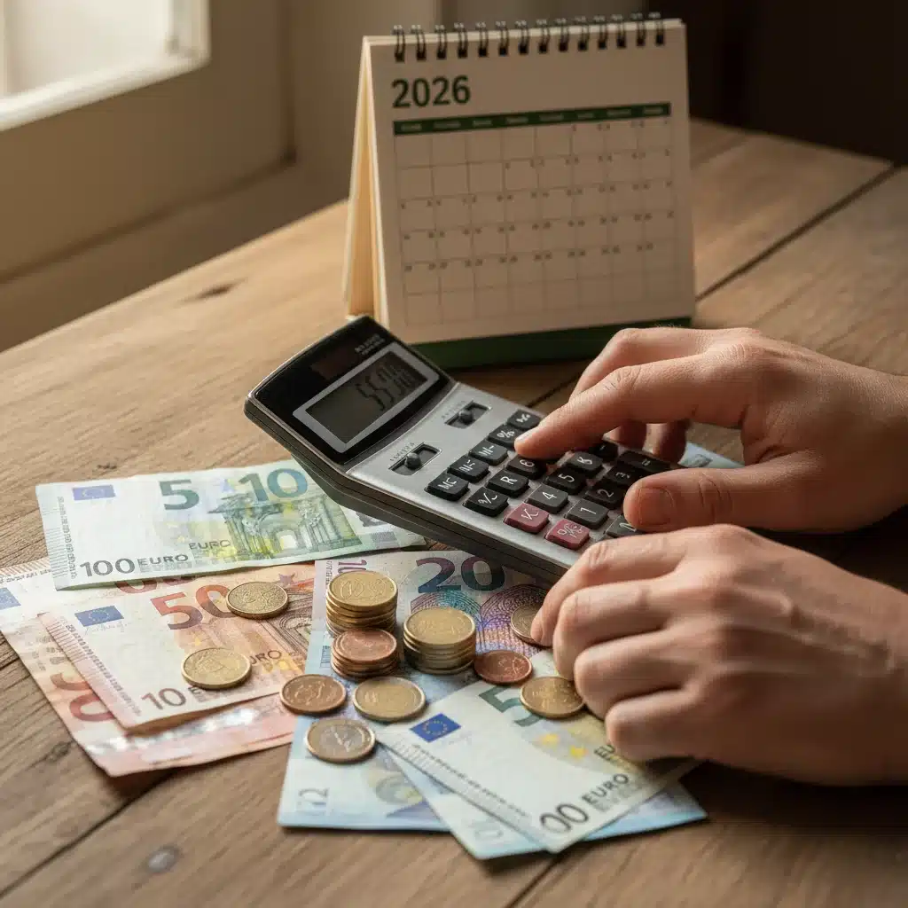 Manos usando una calculadora para proyectar gastos e ingresos familiares.