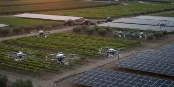 Agricultura Española 2026: Innovación, Tecnología y Sostenibilidad Campo agrícola español moderno al amanecer con drones, tractores autónomos y paneles solares, simbolizando innovación y sostenibilidad.