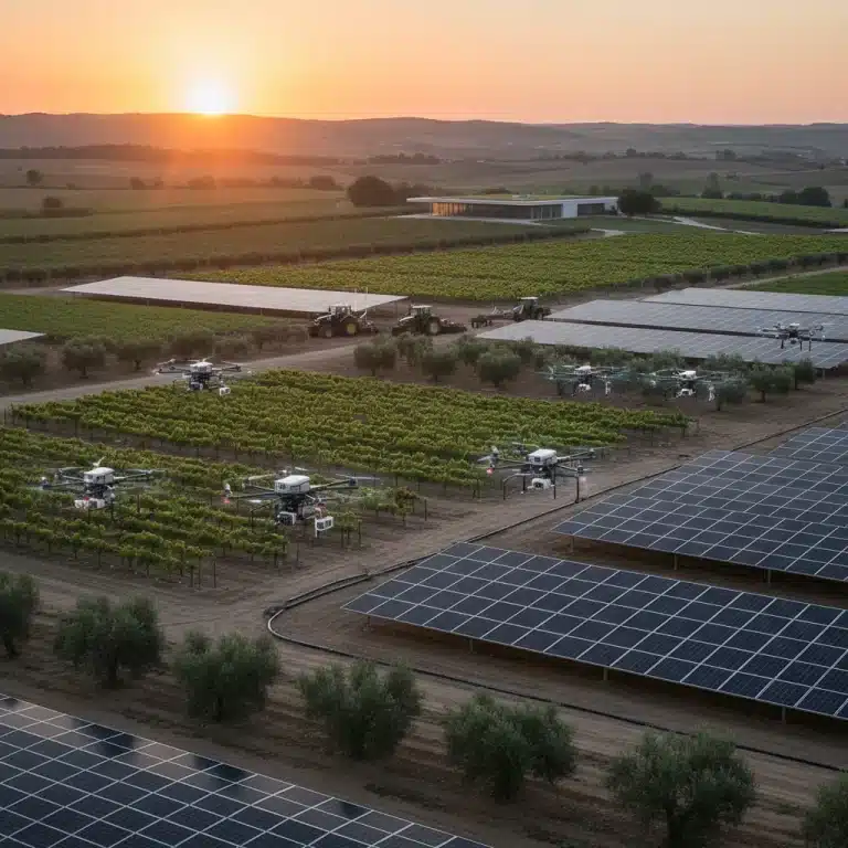 Campo agrícola español moderno al amanecer con drones, tractores autónomos y paneles solares, simbolizando innovación y sostenibilidad.
