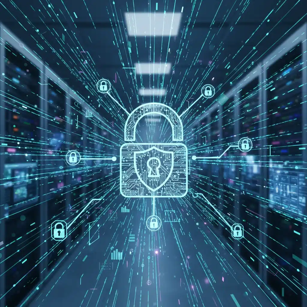 Símbolo de candado digital sobre una red de datos, ilustrando la importancia de la encriptación y el control de acceso en ciberseguridad.