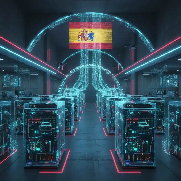 Centro de datos seguro en España con servidores avanzados y flujos de información digital protegida