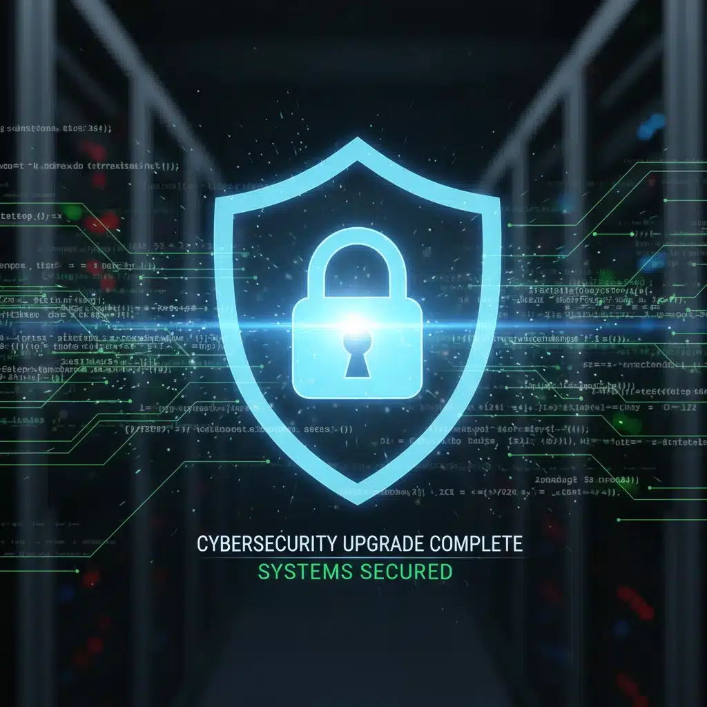 Icono de candado brillante en pantalla digital, simbolizando la ciberseguridad y protección de datos tras una actualización de software.