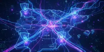 Mapa digital de España con barreras de ciberseguridad, representando la protección empresarial contra amenazas cibernéticas.